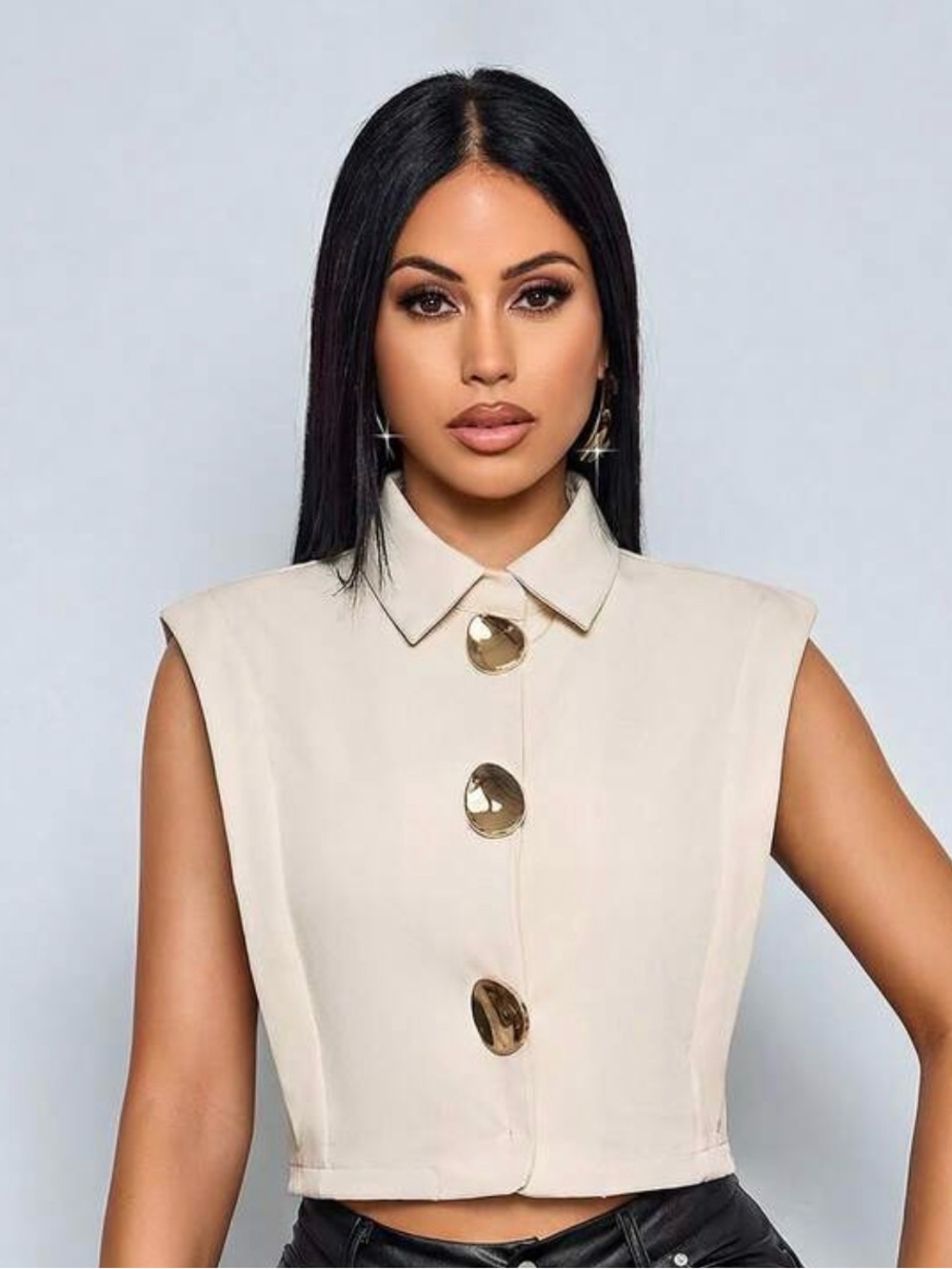 SHEIN Cream Sleeveless Crop Top with Gold Buttons